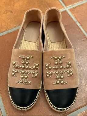 Tory Burch Taupe Suede Espadrille Flats with Black Cap Toe - New; Never Worn
